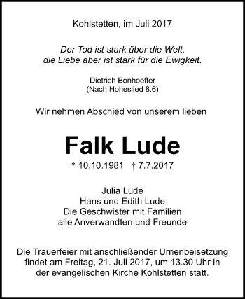 Anzeige von Falk Lude von Reutlinger General-Anzeiger