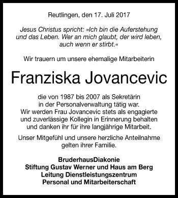 Anzeige von Franziska Jovancevic von Reutlinger General-Anzeiger