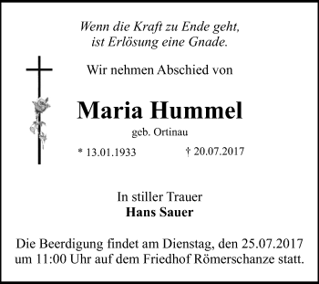 Anzeige von Maria Hummel von Reutlinger General-Anzeiger