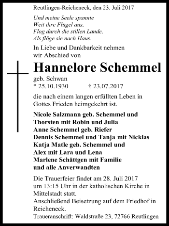 Anzeige von Hannelore Schemmel von Reutlinger General-Anzeiger