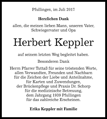 Anzeige von Herbert Keppler von Reutlinger General-Anzeiger