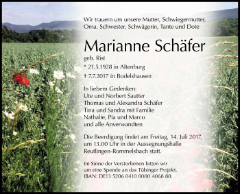 Anzeige von Marianne Schäfer von Reutlinger General-Anzeiger