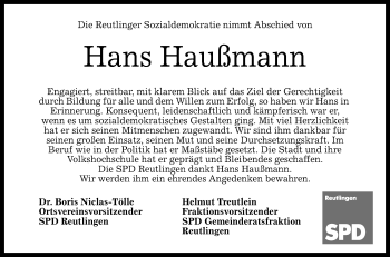 Anzeige von Hans Haußmann von Reutlinger General-Anzeiger
