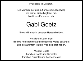 Anzeige von Gabi Goetz von Reutlinger General-Anzeiger