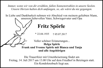 Anzeige von Fritz Spörle von Reutlinger General-Anzeiger