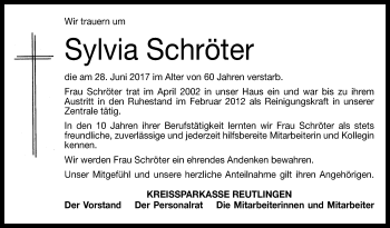 Anzeige von Sylvia Schröter von Reutlinger General-Anzeiger