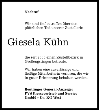Anzeige von Giesela Kühn von Reutlinger General-Anzeiger