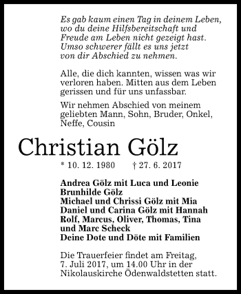 Anzeige von Christian Gölz von Reutlinger General-Anzeiger