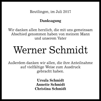 Anzeige von Werner Schmidt von Reutlinger General-Anzeiger