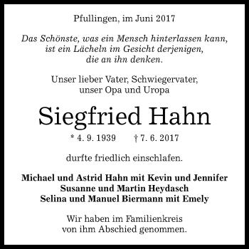 Anzeige von Siegfried Hahn von Reutlinger General-Anzeiger