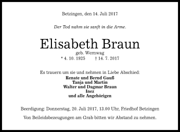 Anzeige von Elisabeth Braun von Reutlinger General-Anzeiger