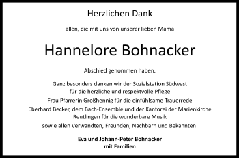 Anzeige von Hannelore Bohnacker von Reutlinger General-Anzeiger