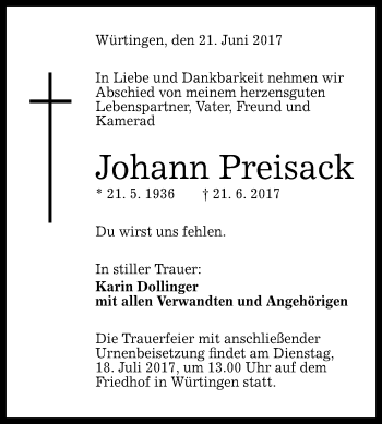 Anzeige von Johann Preisack von Reutlinger General-Anzeiger
