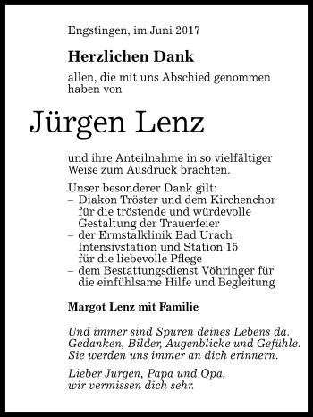 Anzeige von Jürgen Lenz von Reutlinger General-Anzeiger