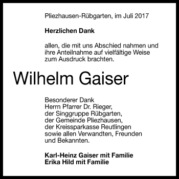 Anzeige von Wilhelm Gaiser von Reutlinger General-Anzeiger