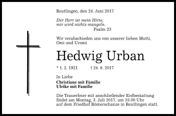 Anzeige von Hedwig Urban von Reutlinger General-Anzeiger