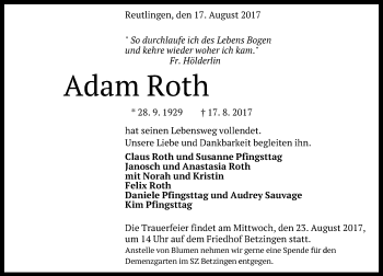 Anzeige von Adam Roth von Reutlinger General-Anzeiger