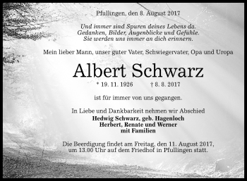 Anzeige von Albert Schwarz von Reutlinger General-Anzeiger
