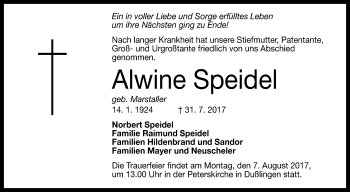 Anzeige von Alwine Speidel von Reutlinger General-Anzeiger