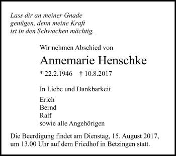 Anzeige von Annemarie Henschke von Reutlinger General-Anzeiger