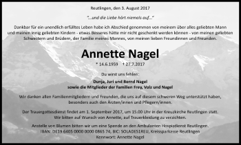 Anzeige von Annette Nagel von Reutlinger General-Anzeiger