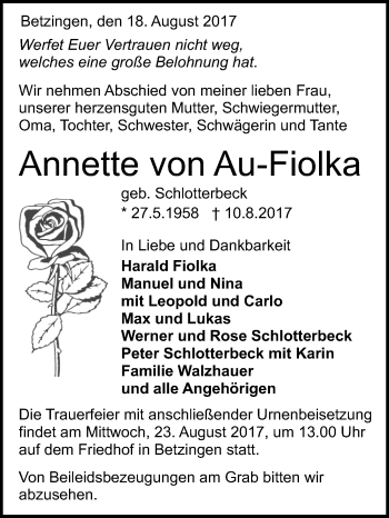 Anzeige von Annette von Au-Fiolka von Reutlinger General-Anzeiger