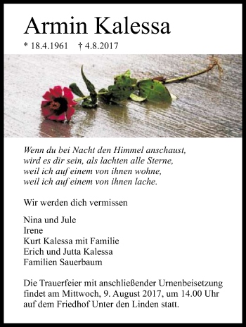 Anzeige von Armin Kalessa von Reutlinger General-Anzeiger
