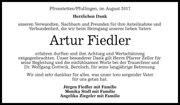 Anzeige von Artur Fiedler von Reutlinger General-Anzeiger