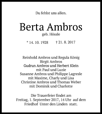 Anzeige von Berta Ambros von Reutlinger General-Anzeiger