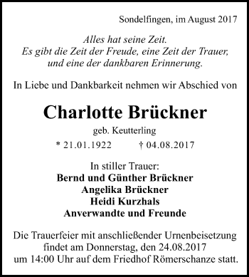 Anzeige von Charlotte Brückner von Reutlinger General-Anzeiger
