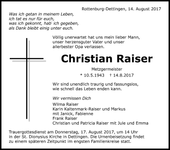 Anzeige von Christian Raiser von Reutlinger General-Anzeiger