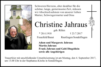 Anzeige von Christine Jahraus von Reutlinger General-Anzeiger