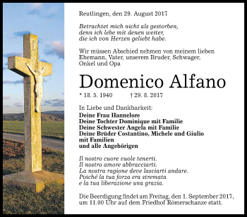 Anzeige von Domenico Alfano von Reutlinger General-Anzeiger