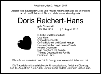 Anzeige von Doris Reichert-Hans von Reutlinger General-Anzeiger