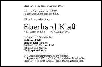 Anzeige von Eberhard Klaß von Reutlinger General-Anzeiger