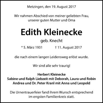 Anzeige von Edith Kleinecke von Reutlinger General-Anzeiger