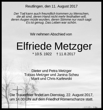 Anzeige von Elfriede Metzger von Reutlinger General-Anzeiger