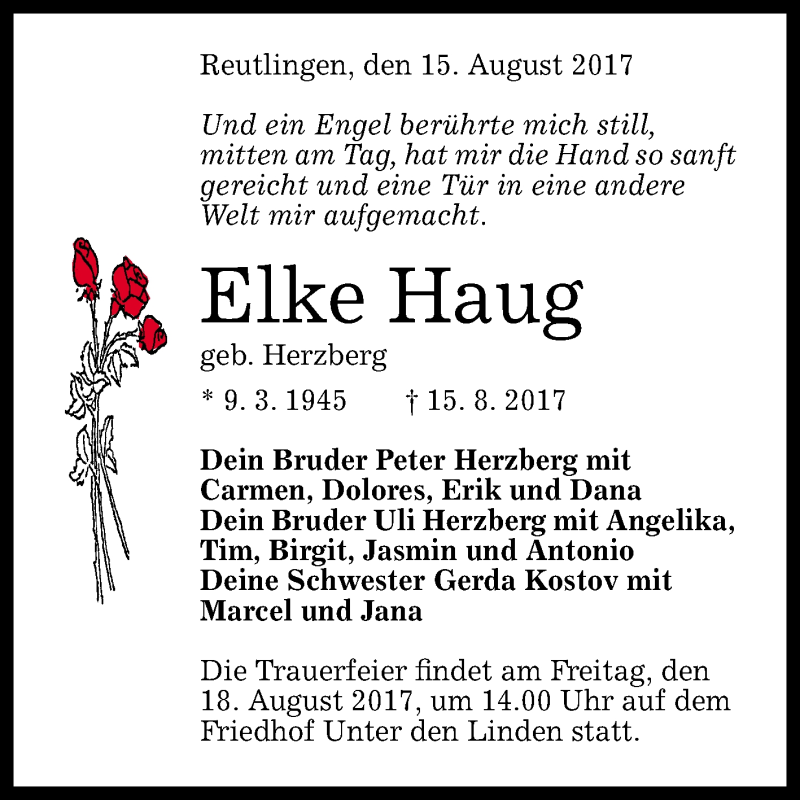  Traueranzeige für Elke Haug vom 17.08.2017 aus Reutlinger General-Anzeiger