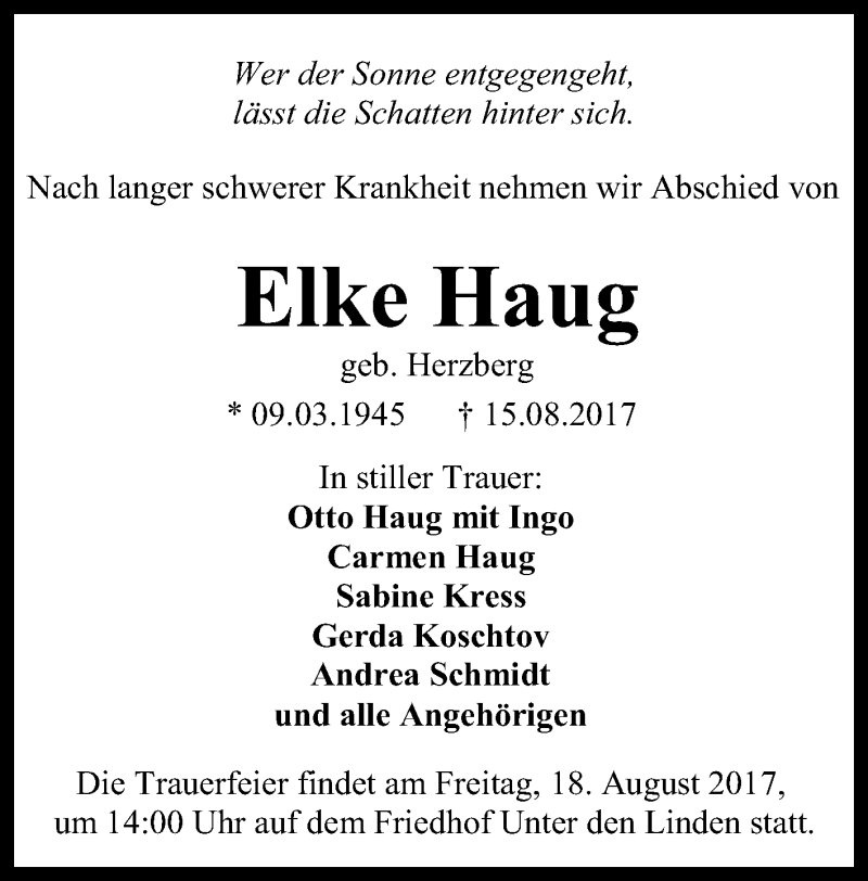  Traueranzeige für Elke Haug vom 17.08.2017 aus Reutlinger General-Anzeiger