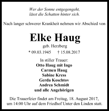 Anzeige von Elke Haug von Reutlinger General-Anzeiger