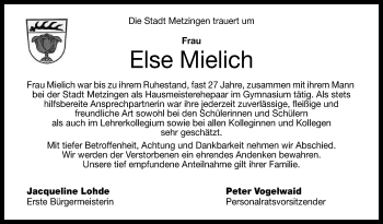 Anzeige von Else Mielich von Reutlinger General-Anzeiger