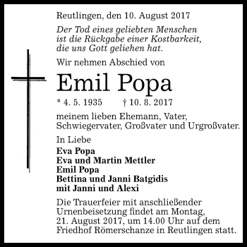 Anzeige von Emil Popa von Reutlinger General-Anzeiger