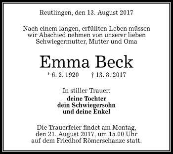 Anzeige von Emma Beck von Reutlinger General-Anzeiger