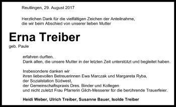 Anzeige von Erna Treiber von Reutlinger General-Anzeiger