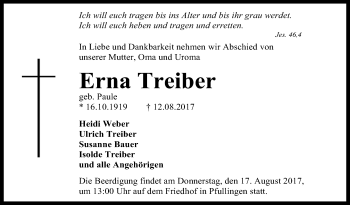 Anzeige von Erna Treiber von Reutlinger General-Anzeiger