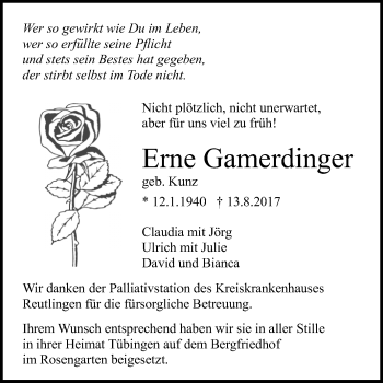 Anzeige von Erne Gamerdinger von Reutlinger General-Anzeiger