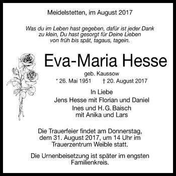 Anzeige von Eva-Maria Hesse von Reutlinger General-Anzeiger