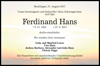 Anzeige von Ferdinand Hans von Reutlinger General-Anzeiger