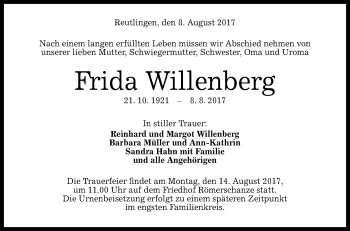 Anzeige von Frida Willenberg von Reutlinger General-Anzeiger
