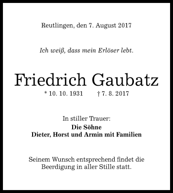Anzeige von Friedrich Gaubatz von Reutlinger General-Anzeiger